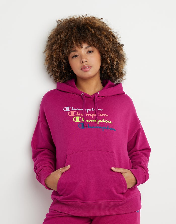 Champion Hoodie Dames - Roze - Powerblend Fleece Relaxed Stacked Scripts Logo ( 173049-YUQ )